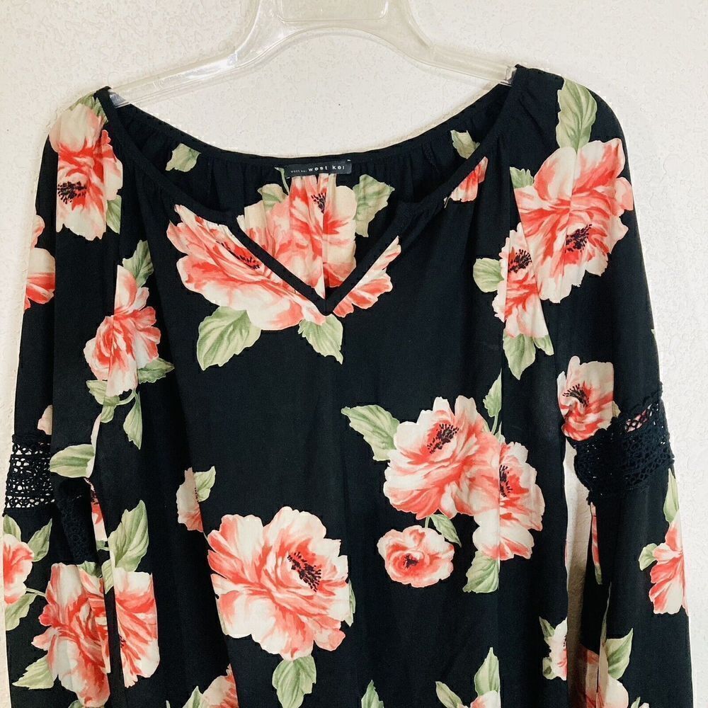 WEST KEI Julianne Black floral Tie Front or Back 3/4 Sleeve Blouse sz M
